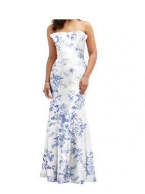 ALFRED SUNG White Strapless Gown with Blue Floral Print